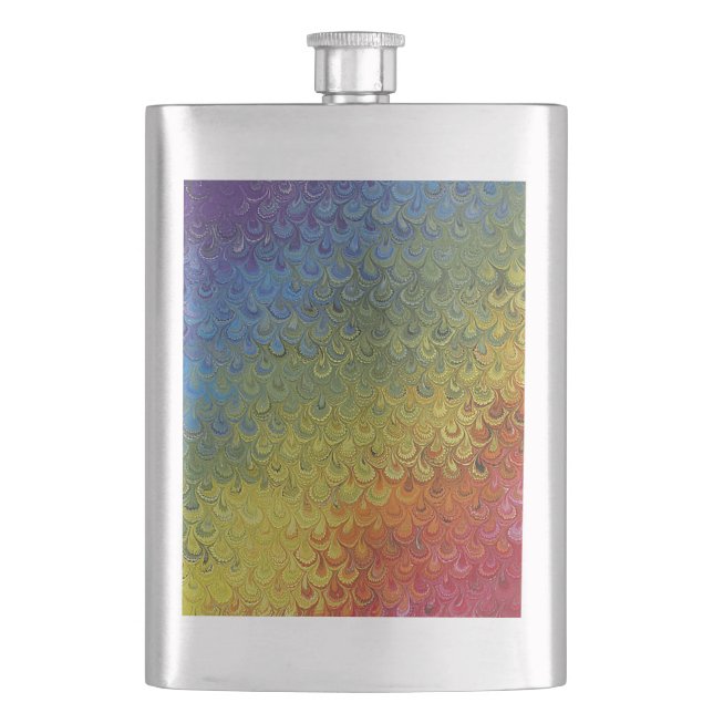 Rainbow Peacock Marble Hip Flask (Front)