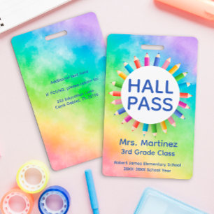 Rainbow Pencils Classroom Hall Pass Badge