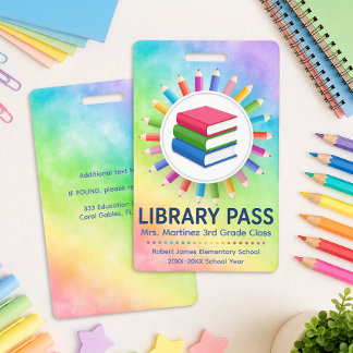 Rainbow Pencils Personalized Library Pass  Badge