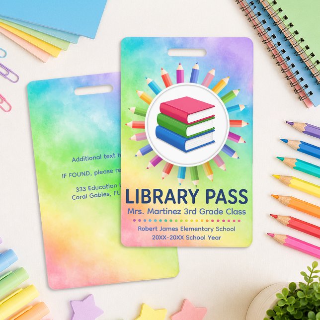 Rainbow Pencils Personalized Library Pass  Badge (Library Pass)