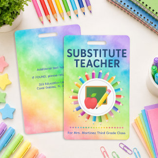 Rainbow Pencils Personalized Substitute Teacher  Badge
