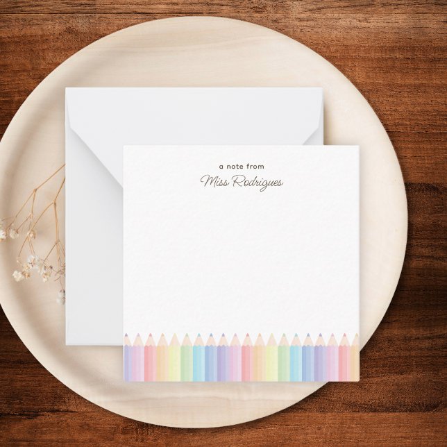 Rainbow Pencils Personalized Teacher Note Card (Note card shown in 2.5 x 2.5 inches. Add name, choose size, paper, and corner style.)