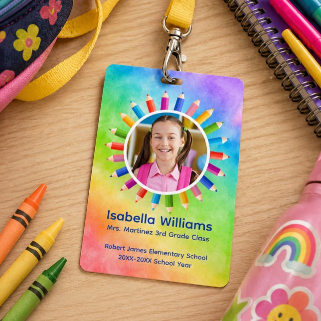 Rainbow Pencils Photo Student ID Badge (Student Badge)