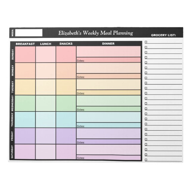 Rainbow Personalized Weekly Meal Planning Notepad (Front)