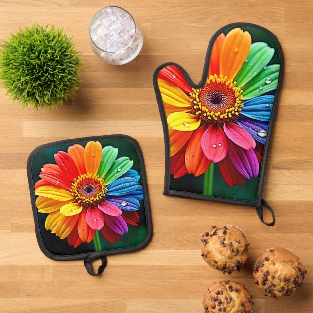Rainbow Petal Flower Art Oven Mitt & Pot Holder Set (Top Down)