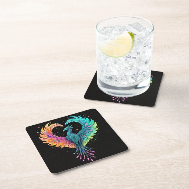Rainbow Phoenix Heart Square Paper Coaster (Insitu)