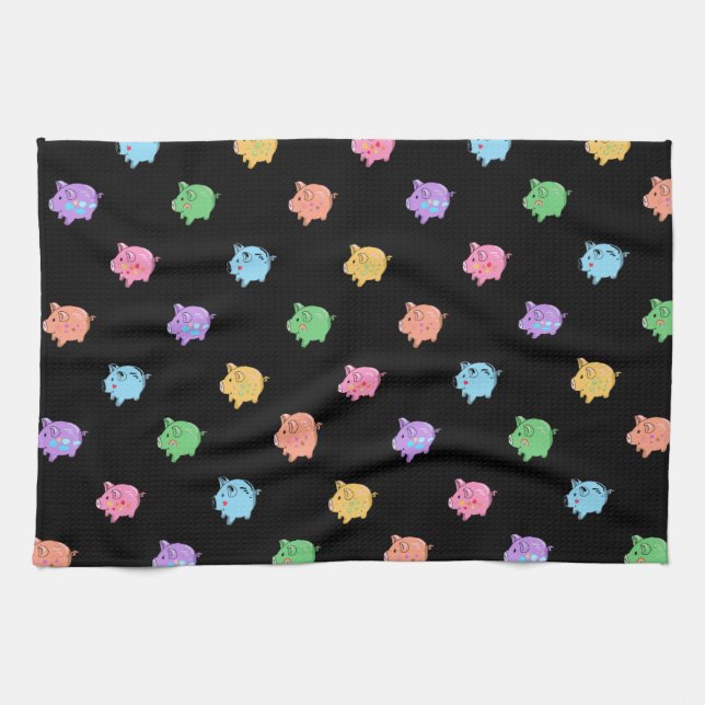 Rainbow Pig Pattern on black Kitchen Towel (Horizontal)