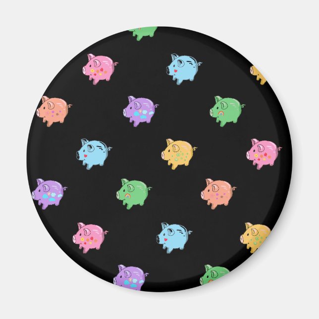 Rainbow Pig Pattern on black Magnet (Front)