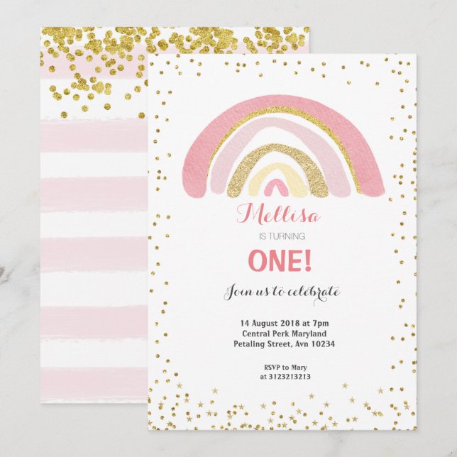 Rainbow Pink 1st Birthday Invitation Girl (Front/Back)