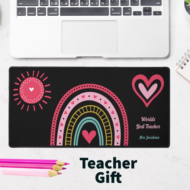 Rainbow Pink Best Teacher Desk Mat (Teacher Gift - Rainbow and Hearts monogrammed with name)