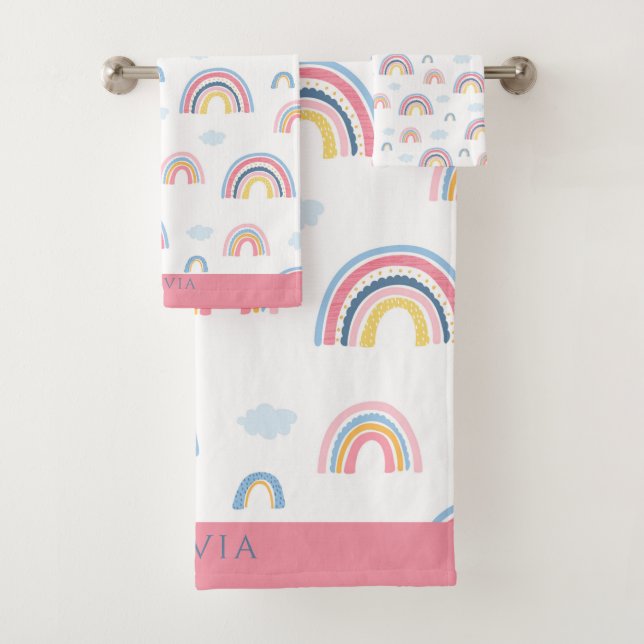 Rainbow Pink Blue Personalized Boho Girly  Bath Towel Set (Insitu)