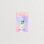 Rainbow pink glitter drips purple monogram name light switch cover<br><div class="desc">Rainbow,  holographic background in pink,  purple,  rose gold and mint green.  Decorated with faux glitter drips,  paint dripping look. Personalize and add a name,  purple coloured letters.  The name is written with a modern hand lettered style script.</div>