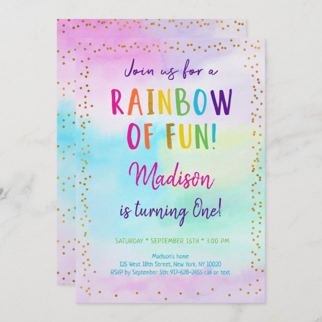 Rainbow Pink Gold Watercolor Birthday Invitation (Front/Back)