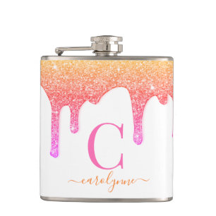 Rainbow Pink Peach Sparkle Glitter Drips Monogram Hip Flask