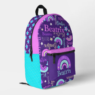 Rainbow pink purple aqua stars name Beatrix Printed Backpack