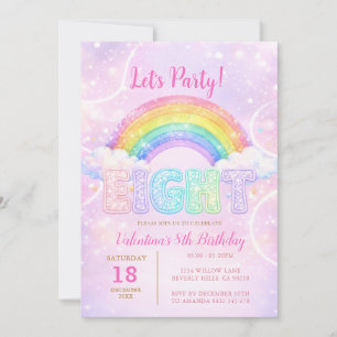 Rainbow Pink Purple Glitter Eight Birthday Party Invitation
