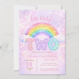 Rainbow Pink Purple Glitter Second Birthday Party Invitation