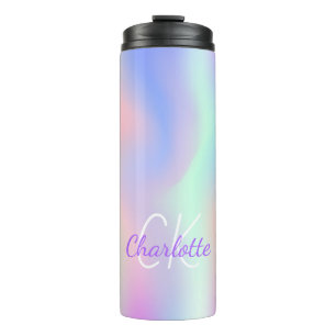 Rainbow pink purple holographic monogram script thermal tumbler