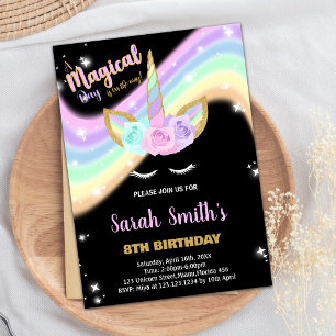 Rainbow Pink Unicorn Birthday Invitations
