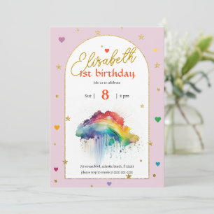 Rainbow Pink Watercolour 1st Birthday Invitation