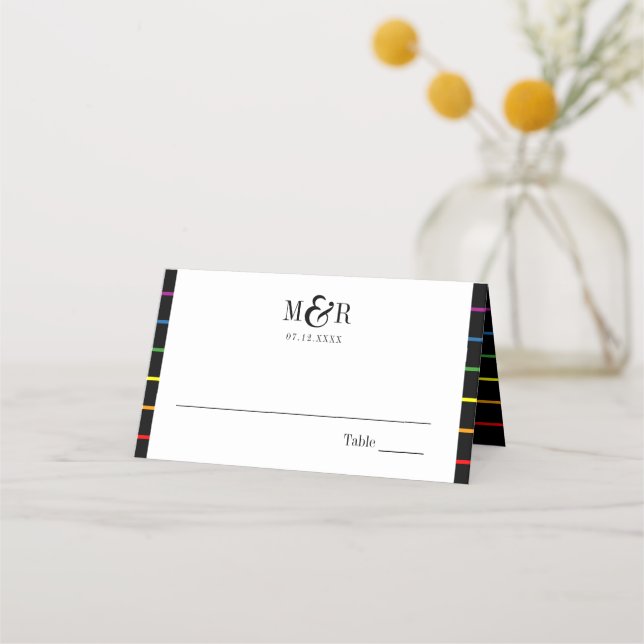 Rainbow Pinstripe Pride Wedding Border+ Place Card (Front)