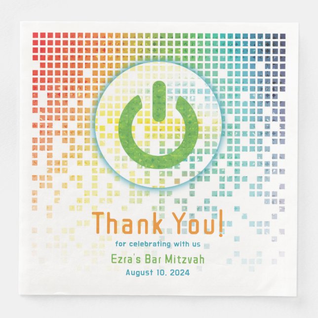 Rainbow Pixels Video Game Gamer Bar Mitzvah Napkin (Front)