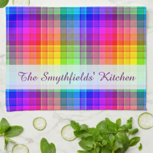 Rainbow Plaid Colourful   Add Your Name Kitchen Towel