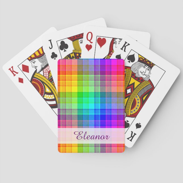 Rainbow Plaid Colourful | Add Your Name Playing Cards (Back)