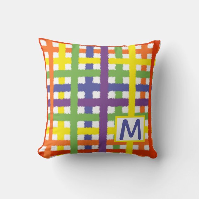 Rainbow Plaid Colourful Personalize Letter Initial Throw Pillow (Front)