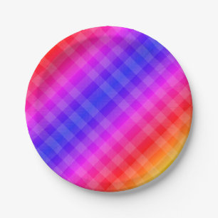 Rainbow plaid pattern pink purple red blue orange paper plate