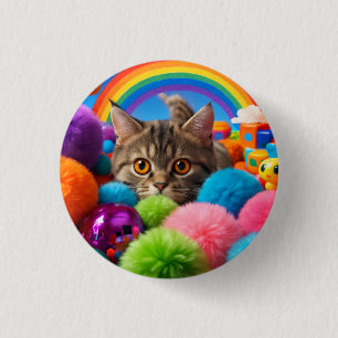 Rainbow Playtime Kitten Adorable Tabby Cat 1 Inch Round Button