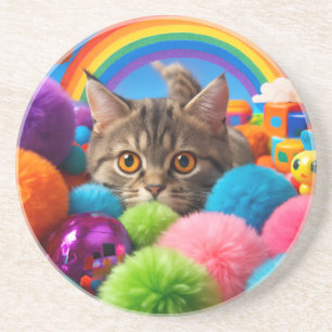 Rainbow Playtime Kitten Adorable Tabby Cat Coaster