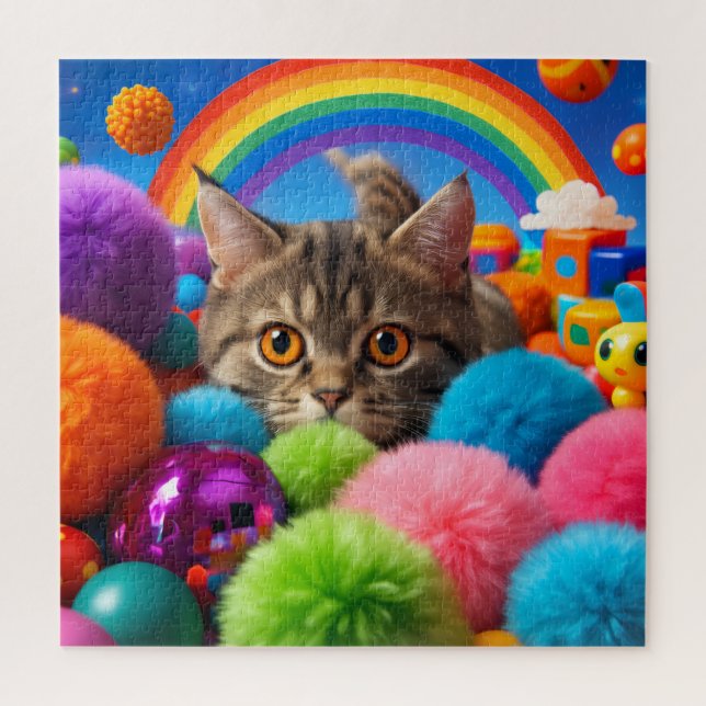 Rainbow Playtime Kitten Adorable Tabby Cat Jigsaw Puzzle (Vertical)