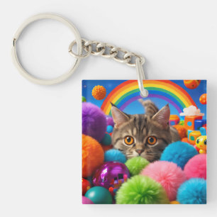 Rainbow Playtime Kitten Adorable Tabby Cat Keychain