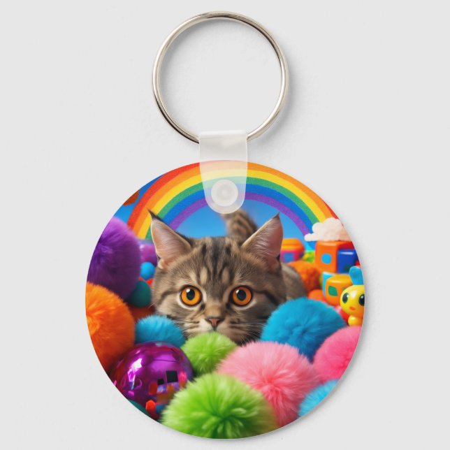 Rainbow Playtime Kitten Adorable Tabby Cat Keychain (Front)