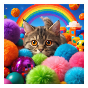 Rainbow Playtime Kitten Adorable Tabby Cat Photo Print