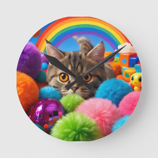 Rainbow Playtime Kitten Adorable Tabby Cat Round Clock (Front)