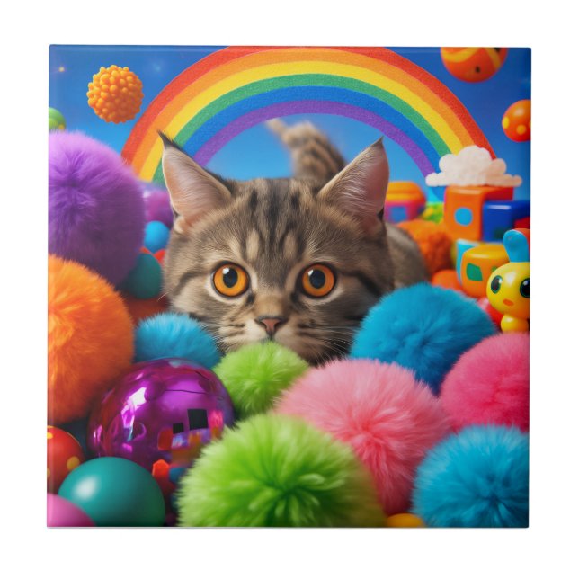 Rainbow Playtime Kitten Adorable Tabby Cat Tile (Front)