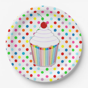 Rainbow Polka Dot Cupcake Paper Plate