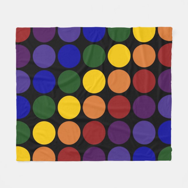 Rainbow Polka Dots on Black Fleece Blanket (Front (Horizontal))
