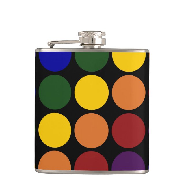 Rainbow Polka Dots on Black Hip Flask (Front)