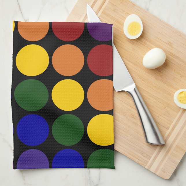 Rainbow Polka Dots on Black Kitchen Towel (Quarter Fold)