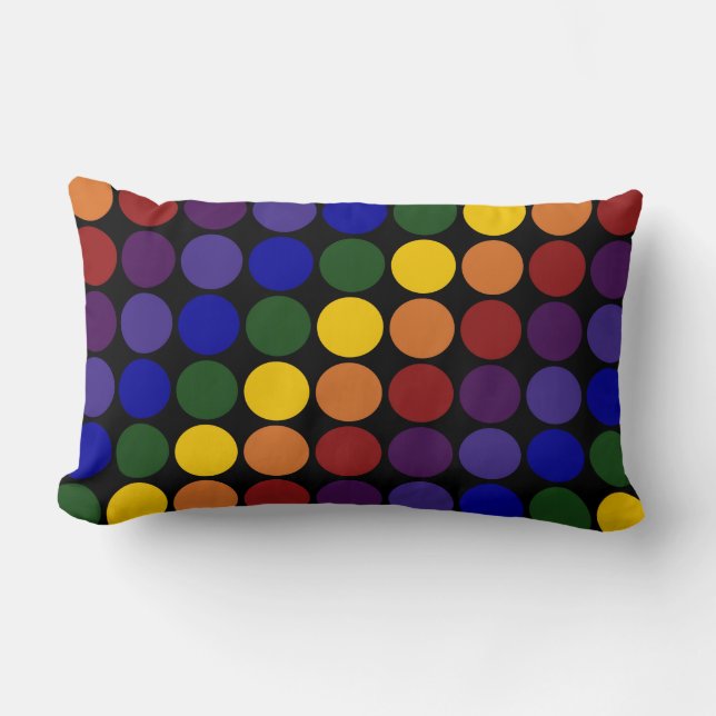 Rainbow Polka Dots on Black Lumbar Pillow (Front)