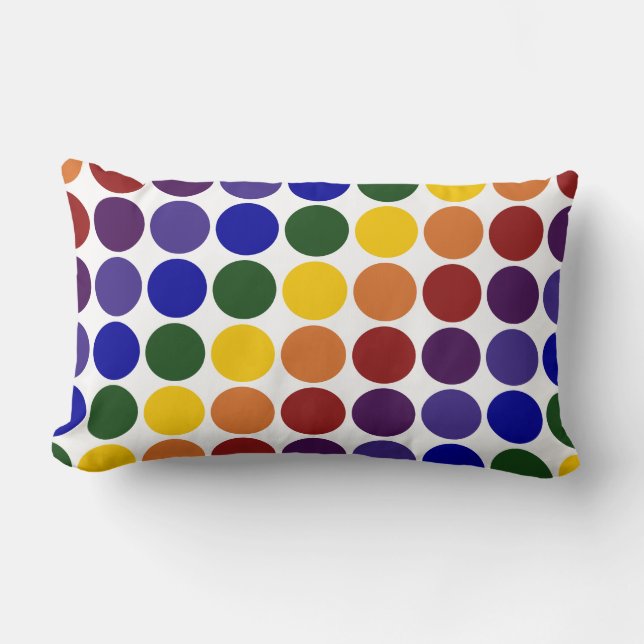 Rainbow Polka Dots on White Lumbar Pillow (Front)