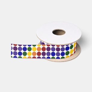 Rainbow Polka Dots on White Satin Ribbon