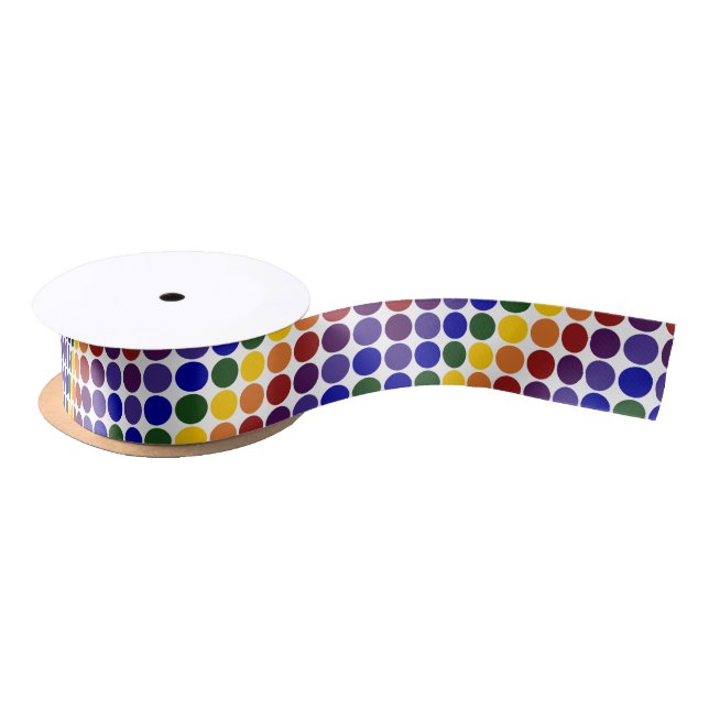 Rainbow Polka Dots on White Satin Ribbon (Spool)