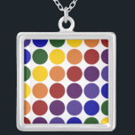 Rainbow Polka Dots on White Silver Plated Necklace<br><div class="desc">Rainbow coloured polka dots are arranged in rows on a white background. The offset rows form diagonals of each colour: violet, indigo, blue, green, yellow, orange, and red. The white background is actually transparent, so you can change it if you like. Just click the "Customize it!" button, then select a...</div>