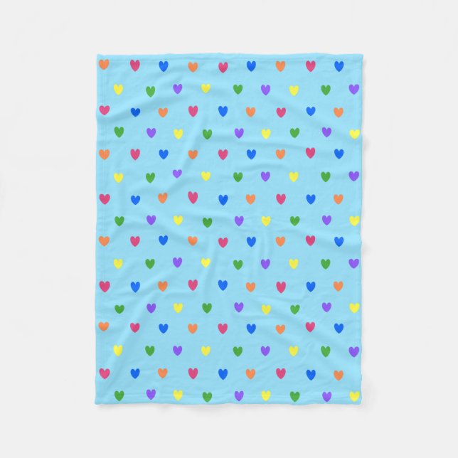 Rainbow polka hearts on baby blue fleece blanket (Front)
