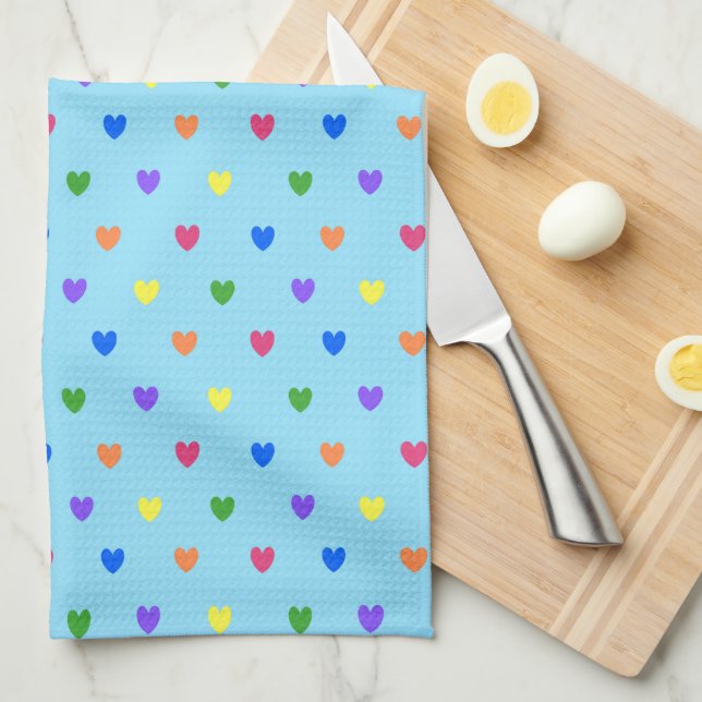 Rainbow polka hearts on baby blue kitchen towel (Quarter Fold)