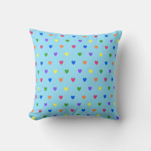 Rainbow polka hearts on baby blue throw pillow